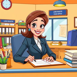 A cartoon depiction of the woman lawyer character from the previous image, now sitting at a desk in a colorful, animated land registry office