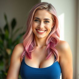 Redesign a self-portrait of a woman with a beautiful and attractive smile, wearing a blue top, pink hair, and lace tights