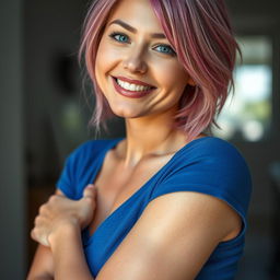 Redesign a self-portrait of a woman with a beautiful and attractive smile, wearing a blue top, pink hair, and lace tights