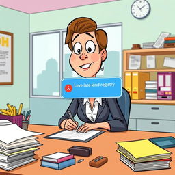 A cartoon depiction of the woman from the second picture, now animated and seated at a desk in a vibrant land registry office