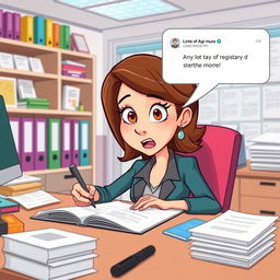 A cartoon depiction of the woman from the second picture, now animated and seated at a desk in a vibrant land registry office