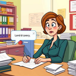 A cartoon depiction of the woman from the second picture, now animated and seated at a desk in a vibrant land registry office