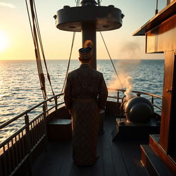 A solitary scene on a 19th-century steamship, featuring a Malay Sultan standing near the bow