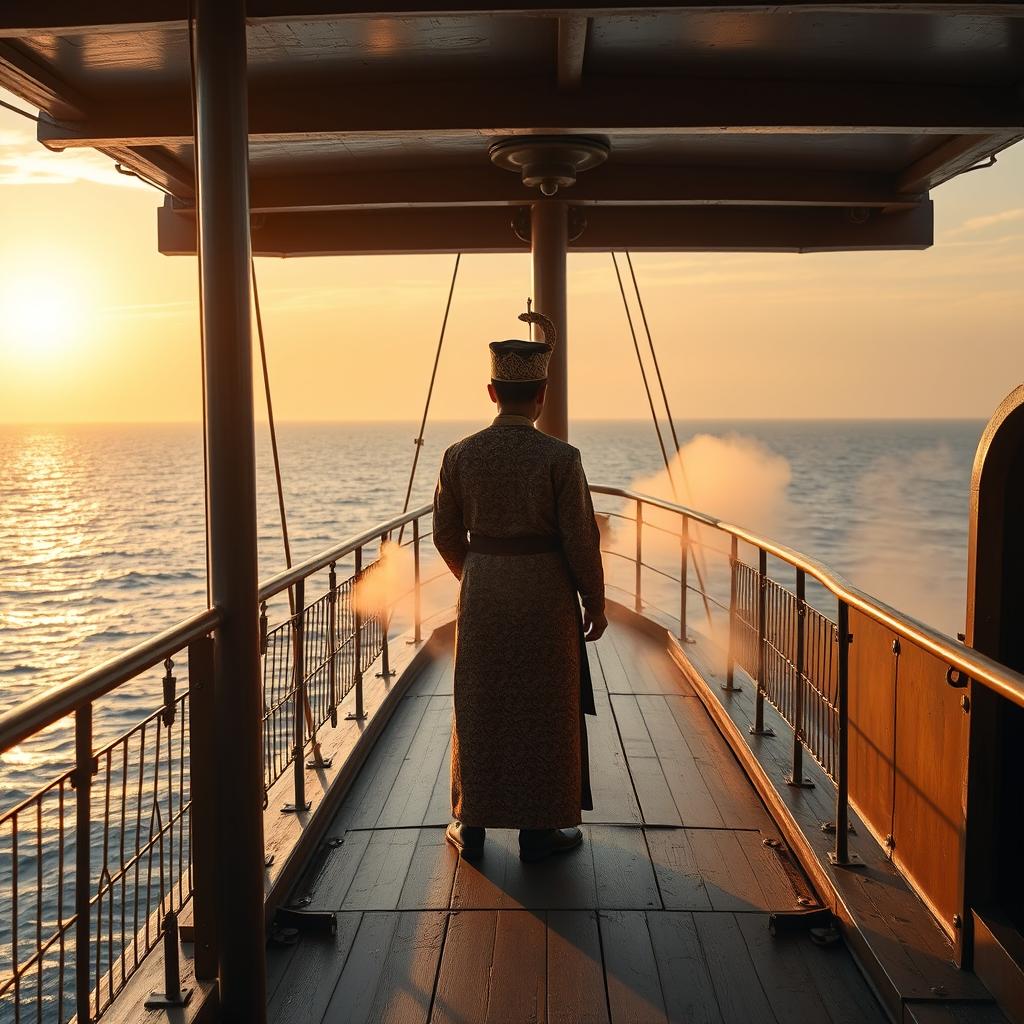 A solitary scene on a 19th-century steamship, featuring a Malay Sultan standing near the bow