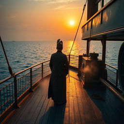 A solitary scene on a 19th-century steamship, featuring a Malay Sultan standing near the bow