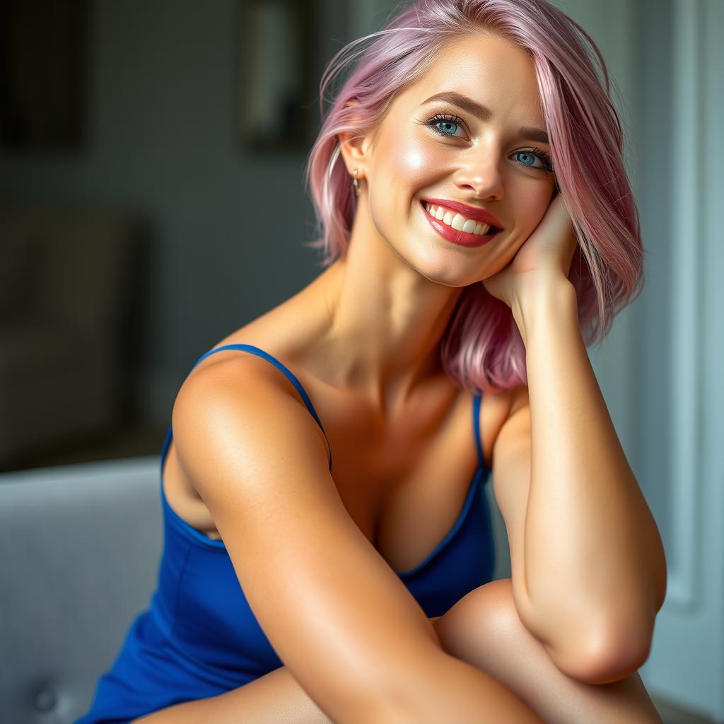 Portrait of a woman with a beautiful and attractive smile, wearing a blue top, pink hair, and lace tights