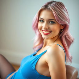 Portrait of a woman with a beautiful and attractive smile, wearing a blue top, pink hair, and lace tights