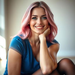 Portrait of a woman with a beautiful and attractive smile, wearing a blue top, pink hair, and lace tights