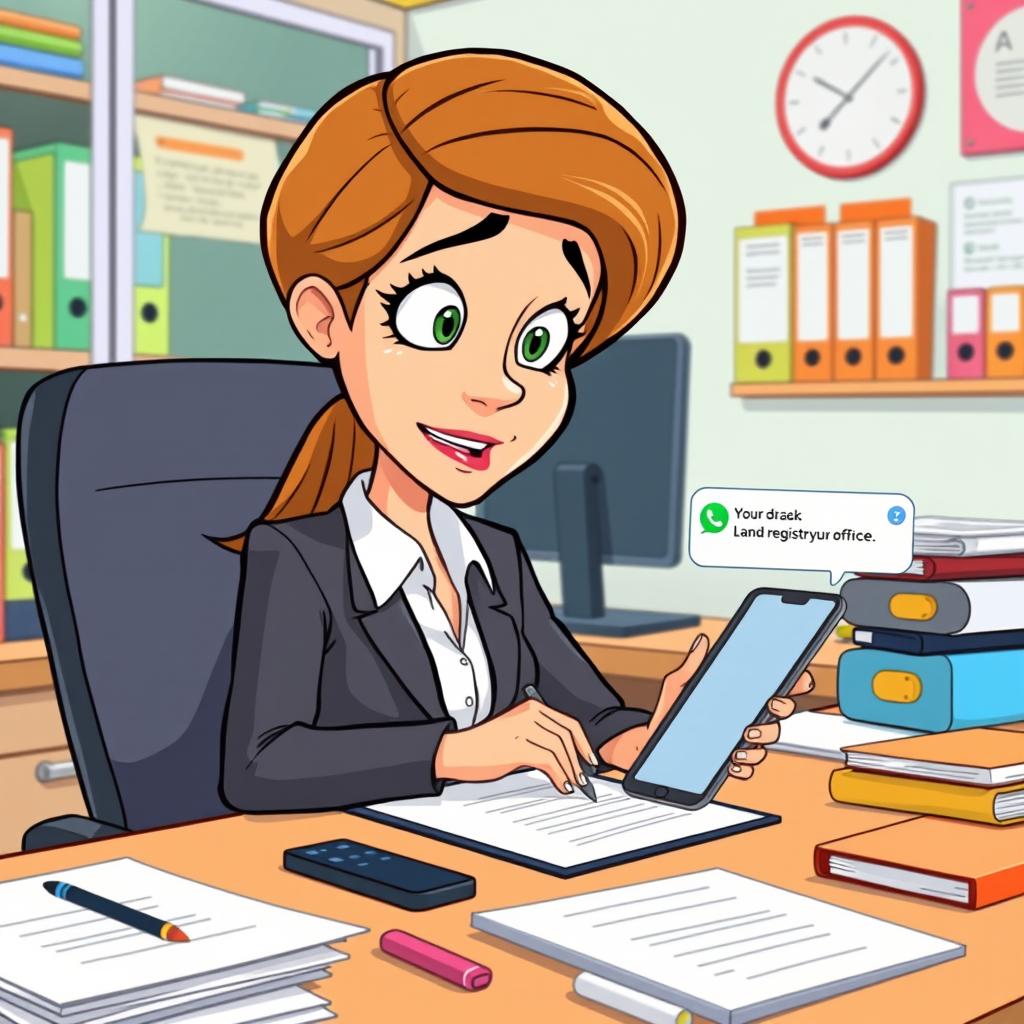 A cartoon depiction of the woman from your last liked image, animated and seated at a desk in a vibrant land registry office