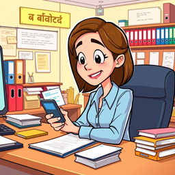 A cartoon depiction of the woman from your last liked image, animated and seated at a desk in a vibrant land registry office