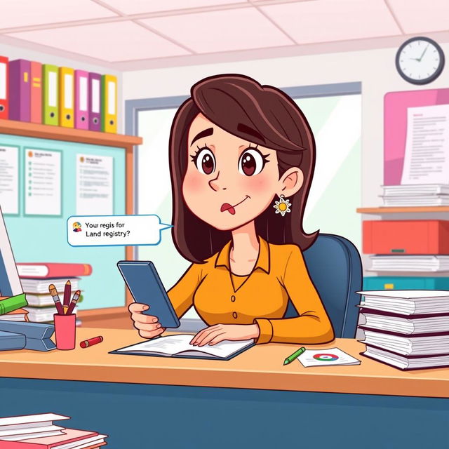 A cartoon depiction of the woman from your last liked image, animated and seated at a desk in a vibrant land registry office