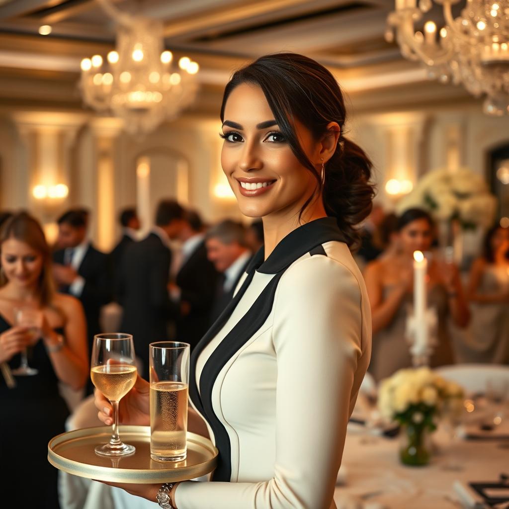 A beautiful and attractive stewardess with a confident and friendly demeanor, serving beverages at an elegant wedding reception