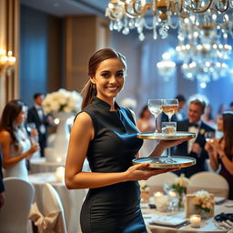 A beautiful and attractive stewardess with a confident and friendly demeanor, serving beverages at an elegant wedding reception