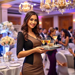 A beautiful and attractive stewardess with a confident and friendly demeanor, serving beverages at an elegant wedding reception