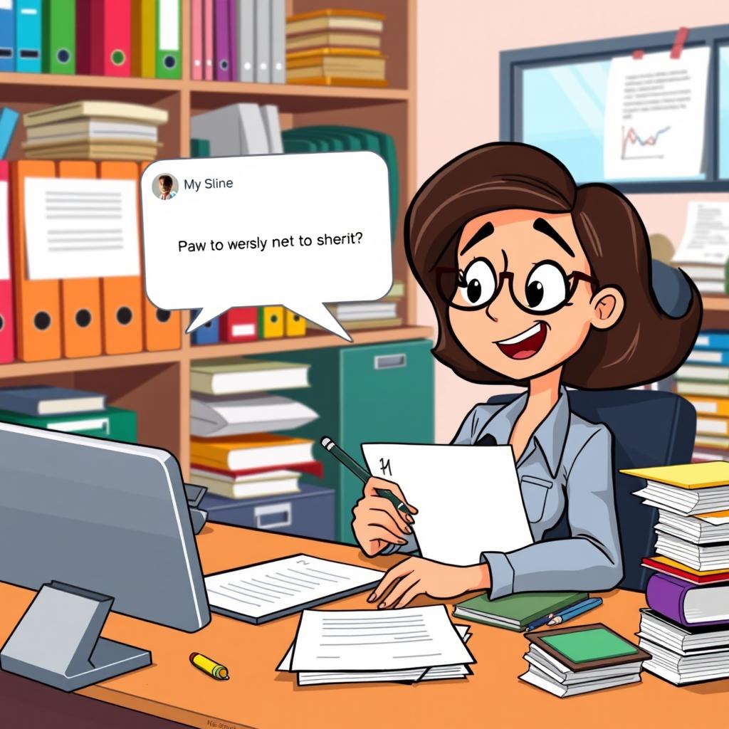 A cartoon depiction of the same animated woman seated at her desk, focused on signing documents