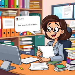 A cartoon depiction of the same animated woman seated at her desk, focused on signing documents