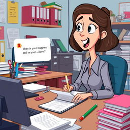 A cartoon depiction of the same animated woman seated at her desk, focused on signing documents