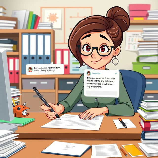 A cartoon depiction of the same animated woman seated at her desk, focused on signing documents