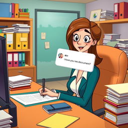 A cartoon depiction of the same animated woman seated at her desk, focused on signing documents