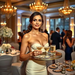 An alluring and attractive stewardess, topless and confidently serving beverages at an elegant wedding reception