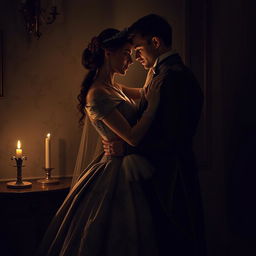 A couple embracing in a dimly lit room, their figures gently illuminated by a nearby candle casting a soft glow