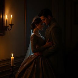 A couple embracing in a dimly lit room, their figures gently illuminated by a nearby candle casting a soft glow