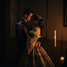 A couple embracing in a dimly lit room, their figures gently illuminated by a nearby candle casting a soft glow