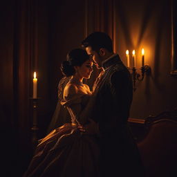 A couple embracing in a dimly lit room, their figures gently illuminated by a nearby candle casting a soft glow