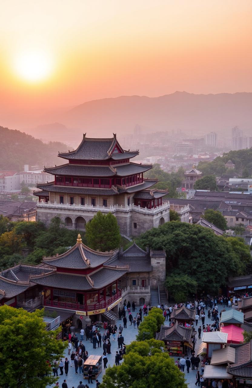 A majestic Chinese cityscape featuring a magnificent ancient castle perched atop a hill overlooking the bustling streets below