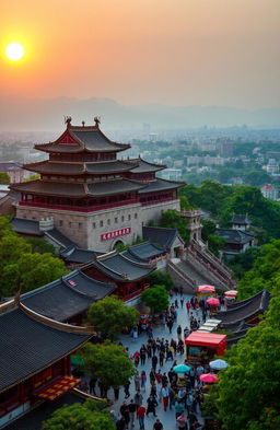A majestic Chinese cityscape featuring a magnificent ancient castle perched atop a hill overlooking the bustling streets below