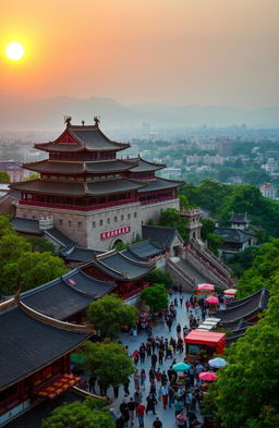 A majestic Chinese cityscape featuring a magnificent ancient castle perched atop a hill overlooking the bustling streets below