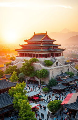 A majestic Chinese cityscape featuring a magnificent ancient castle perched atop a hill overlooking the bustling streets below