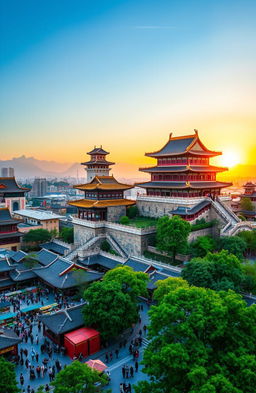 A majestic Chinese cityscape featuring a magnificent ancient castle perched atop a hill overlooking the bustling streets below