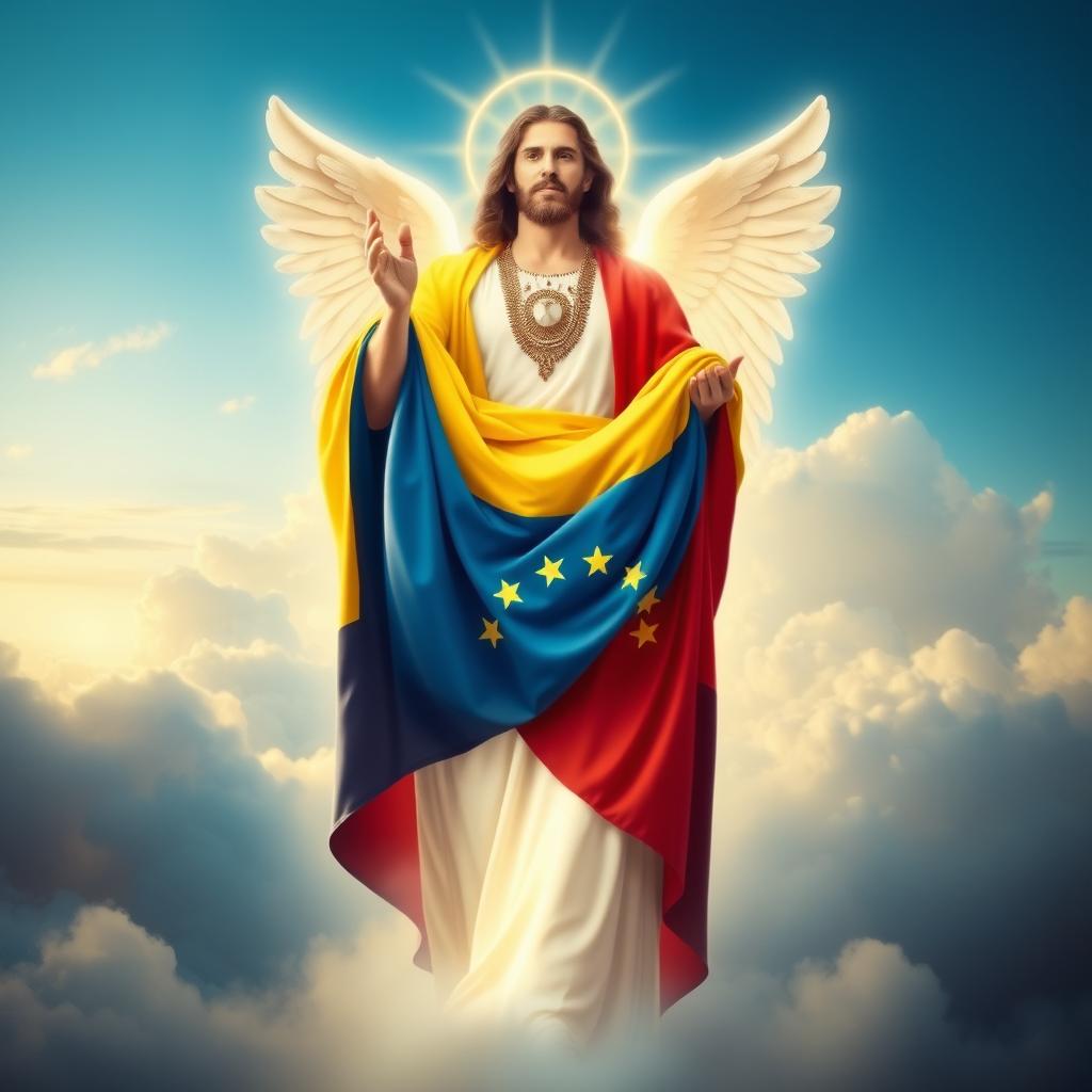 A powerful and symbolic depiction of divine presence intertwined with the Venezuelan flag