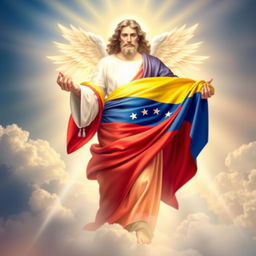 A powerful and symbolic depiction of divine presence intertwined with the Venezuelan flag