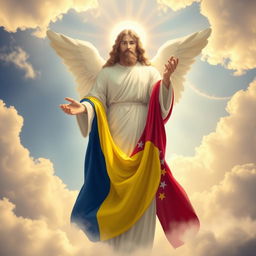 A powerful and symbolic depiction of divine presence intertwined with the Venezuelan flag