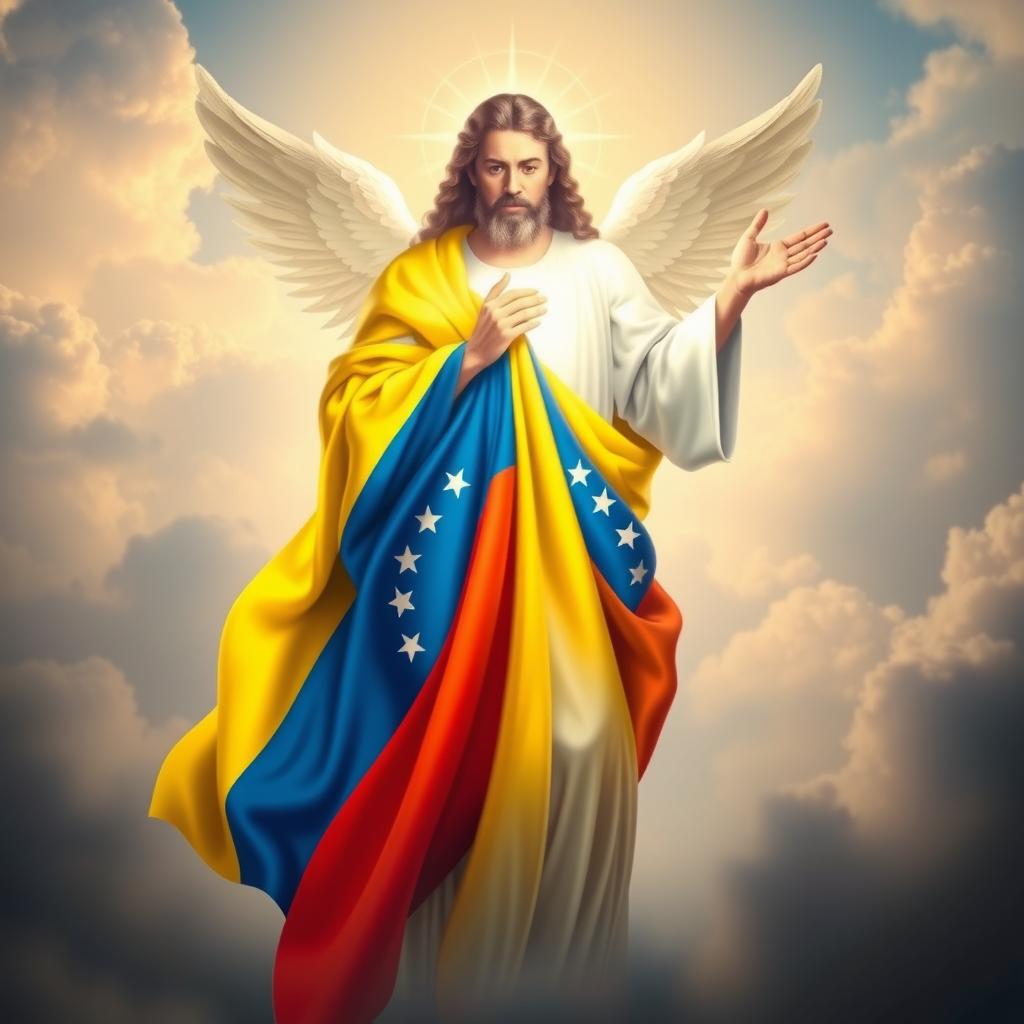 A powerful and symbolic depiction of divine presence intertwined with the Venezuelan flag