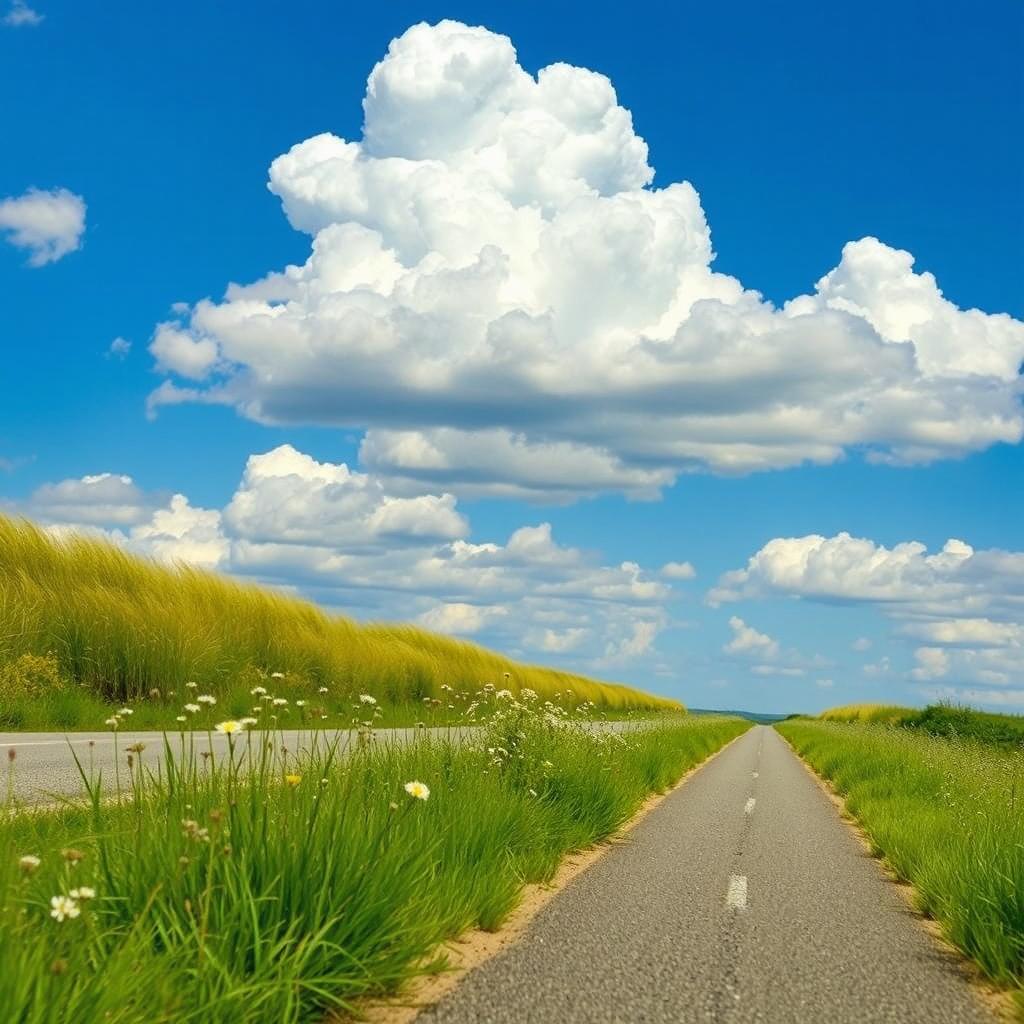 A scenic rural road under a blue sky with fluffy white clouds