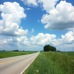 A scenic rural road under a blue sky with fluffy white clouds