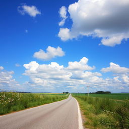 A scenic rural road under a blue sky with fluffy white clouds