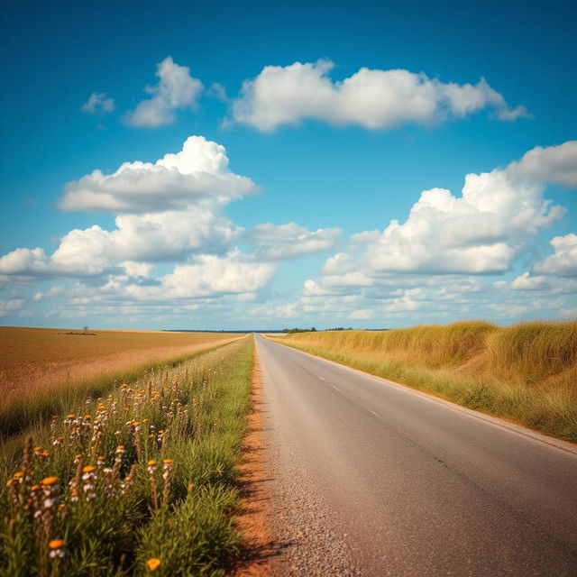 A scenic rural road under a blue sky with fluffy white clouds