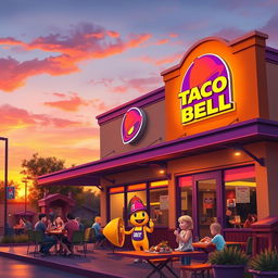 A vibrant and colorful depiction of a classic Taco Bell restaurant at sunset