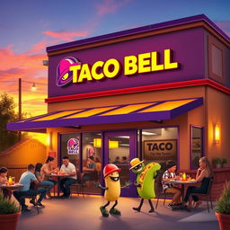 A vibrant and colorful depiction of a classic Taco Bell restaurant at sunset