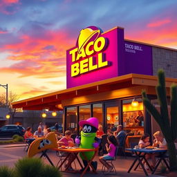 A vibrant and colorful depiction of a classic Taco Bell restaurant at sunset