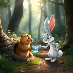 In the morning on a forest path, a brown marmot stands inside a hole, offering a cup of water to an angry white bunny