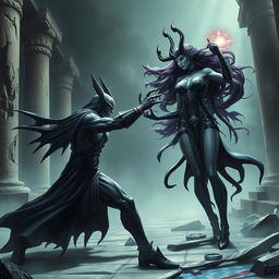 Epic battle scene between Noob Saibot and Sindel in a mystical realm