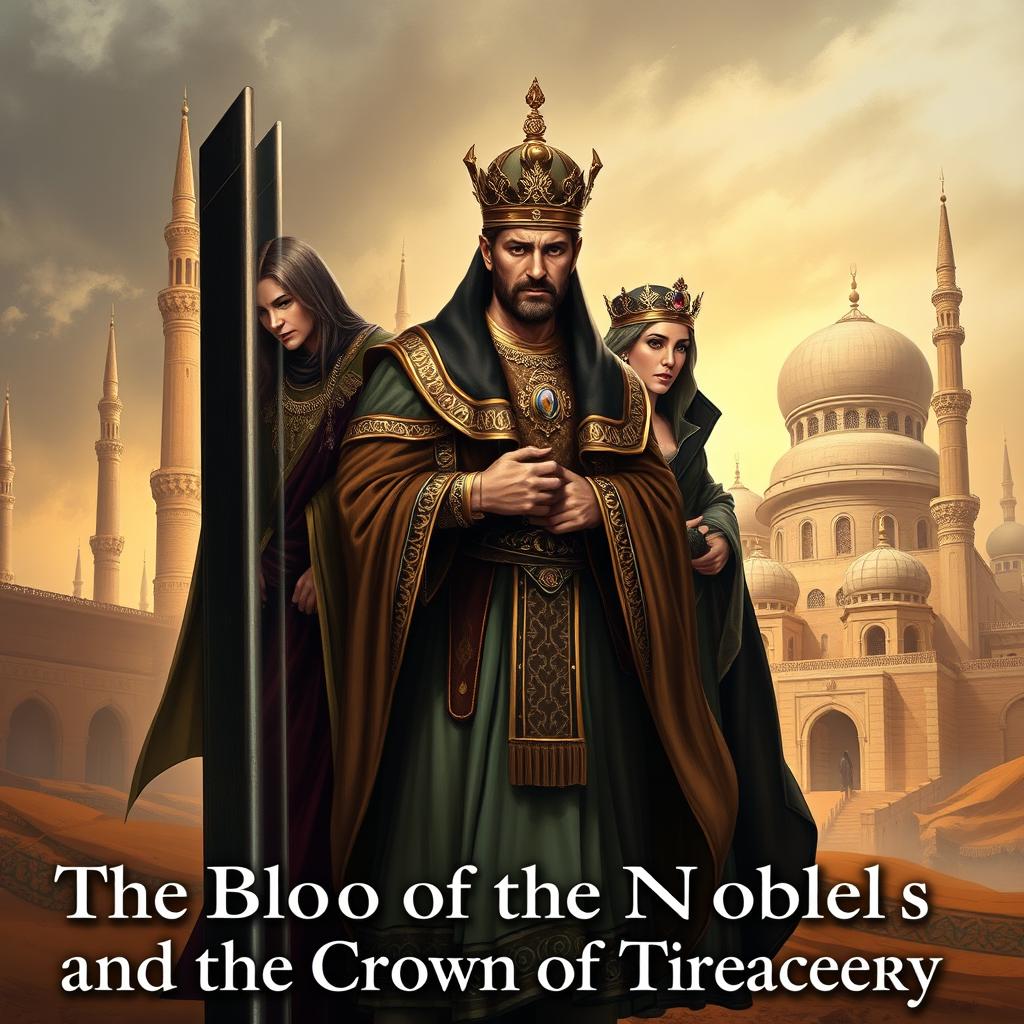 A beautifully crafted book cover illustrating a historical novel titled "The Blood of the Nobles and the Crown of Treachery