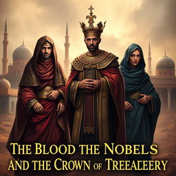 A beautifully crafted book cover illustrating a historical novel titled "The Blood of the Nobles and the Crown of Treachery