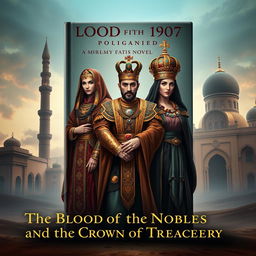 A beautifully crafted book cover illustrating a historical novel titled "The Blood of the Nobles and the Crown of Treachery