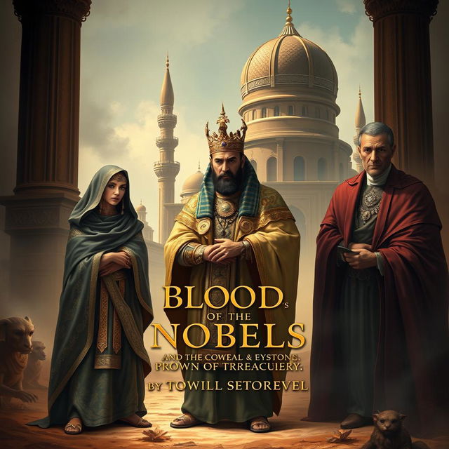 A beautifully crafted book cover illustrating a historical novel titled "The Blood of the Nobles and the Crown of Treachery